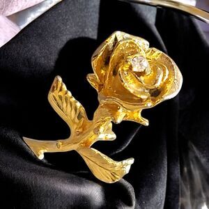 Vintage Rose Signed D.M. David Monn Gold Tone Flower Crystal Brooch Pin